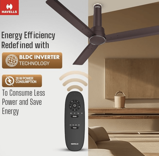 Havells 1200mm Elio BLDC Motor Ceiling Fan | Remote Controlled, High Air Delivery Fan | 5 Star Rated, Upto 60% Energy Saving, 2 Year Warranty | (Pack of 1, Brown) - Image 4